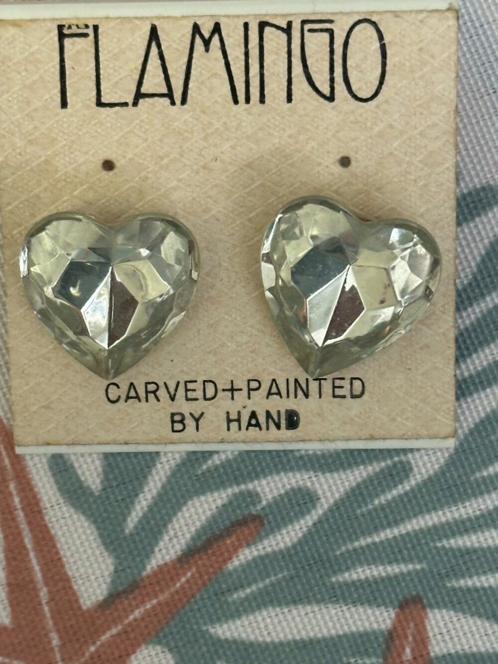 Vintage Flamingo Clear Faceted Heart Stud Earrings NOS Retro Acrylic Lucite